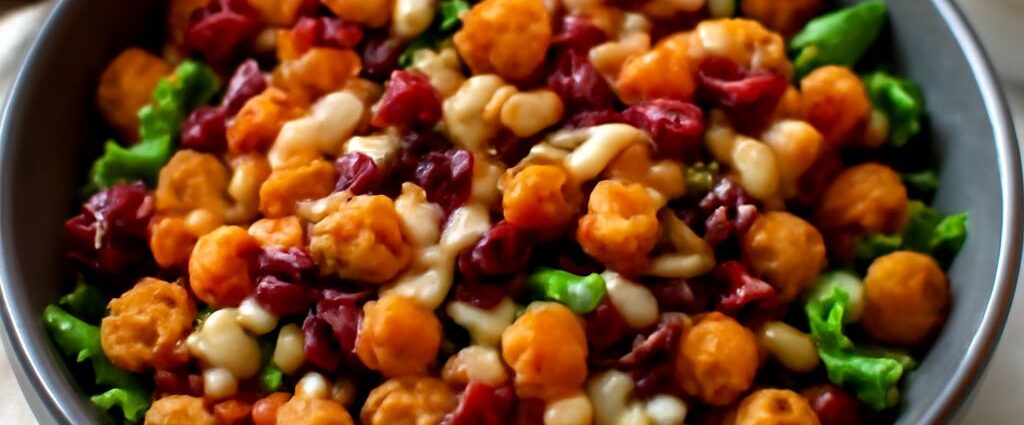 colorful vegan salad with fresh vegetables and plant-based toppings