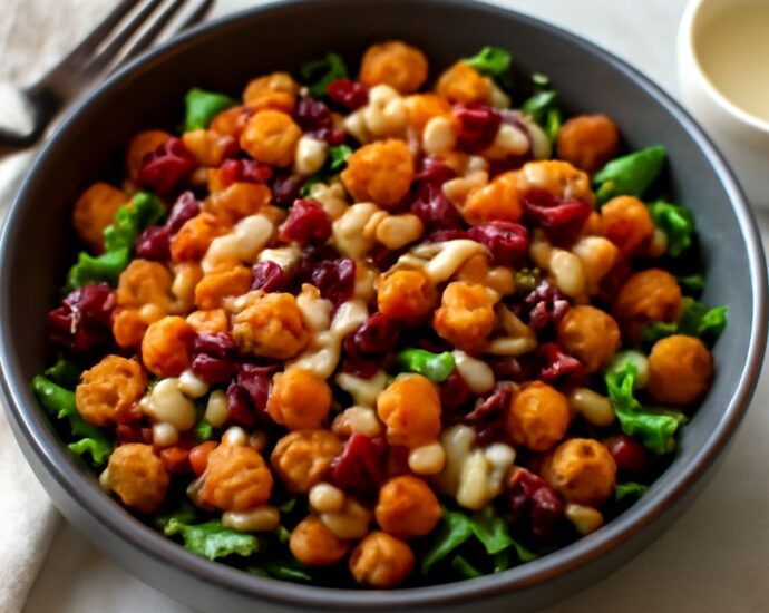 colorful vegan salad with fresh vegetables and plant-based toppings