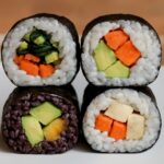 Vegan sushi rolls with rice, seaweed, and vegetable fillings