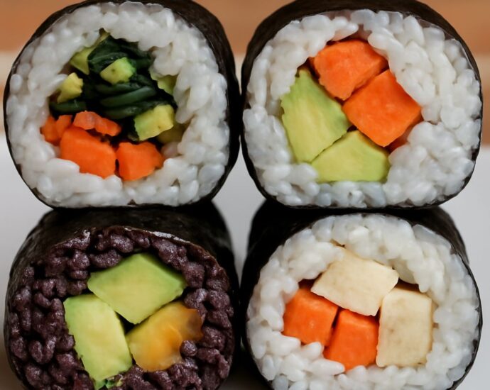 Vegan sushi rolls with rice, seaweed, and vegetable fillings