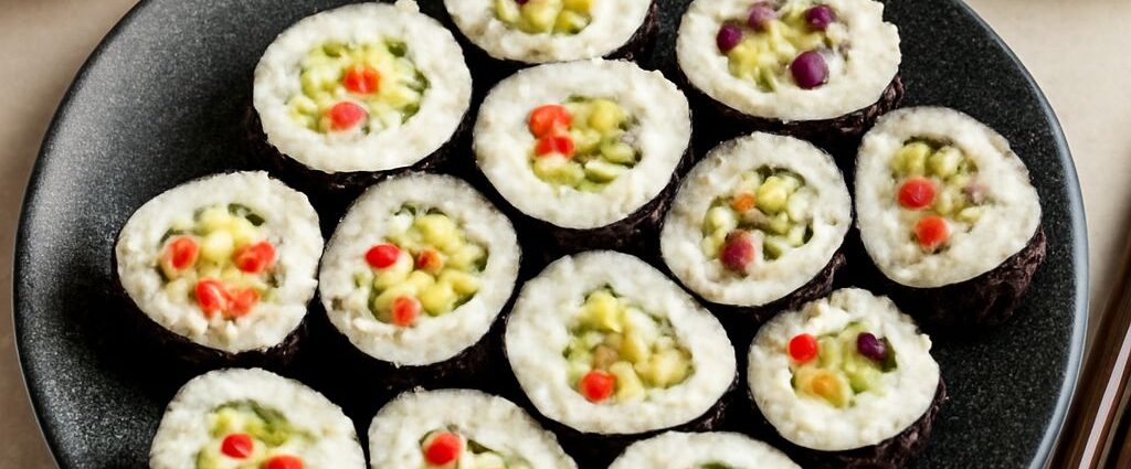 Colorful vegetable sushi rolls on a plate with soy sauce and pickled ginger.