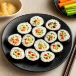 Colorful vegetable sushi rolls on a plate with soy sauce and pickled ginger.