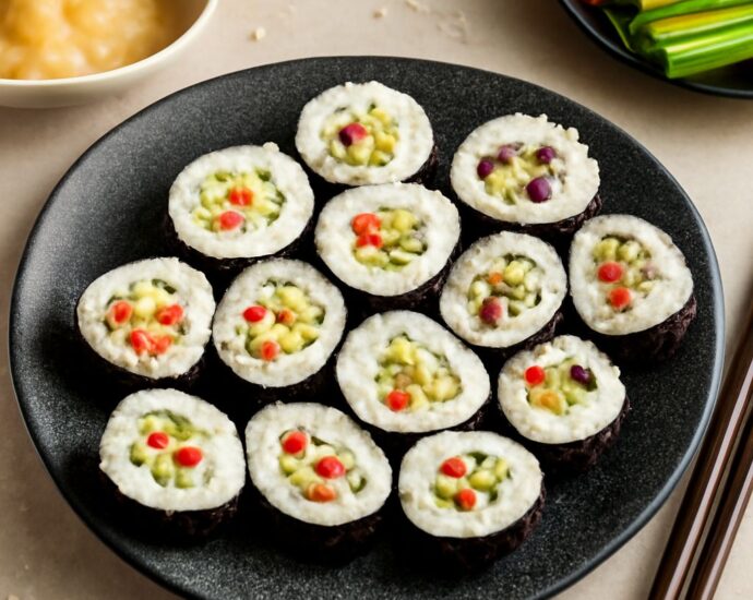 Colorful vegetable sushi rolls on a plate with soy sauce and pickled ginger.
