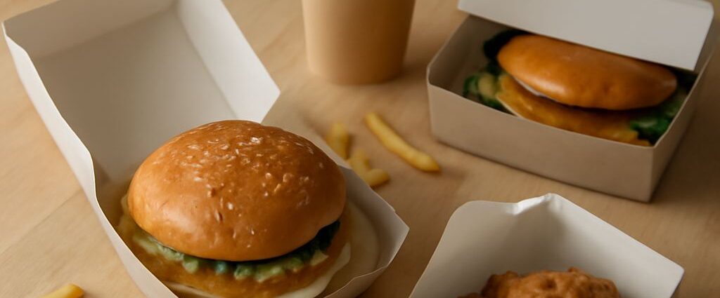 Vegetarian fast food options like fries, wraps, and customizable sandwiches