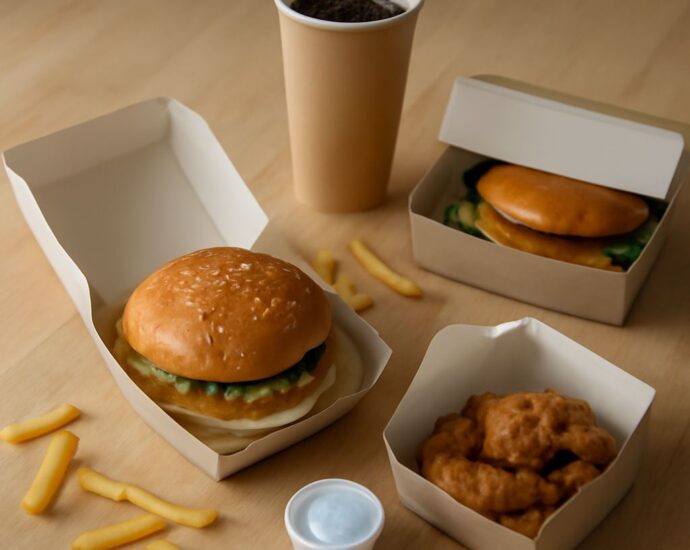 Vegetarian fast food options like fries, wraps, and customizable sandwiches