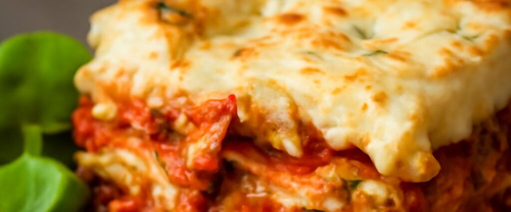 A slice of delicious veggie lasagna recipe, a perfect vegetarian lasagne recipe.