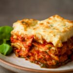 A slice of delicious veggie lasagna recipe, a perfect vegetarian lasagne recipe.