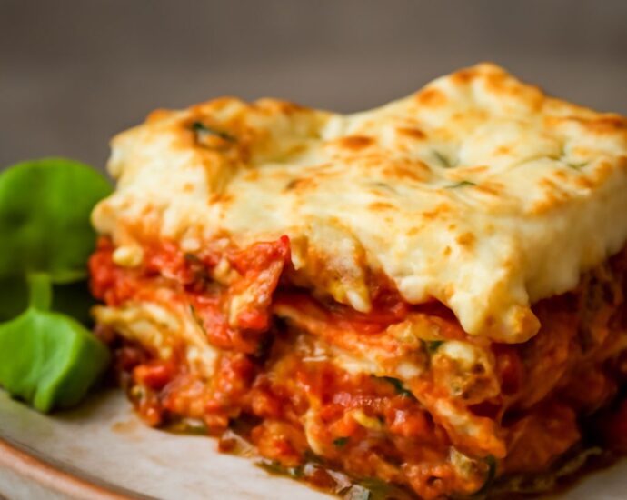 A slice of delicious veggie lasagna recipe, a perfect vegetarian lasagne recipe.