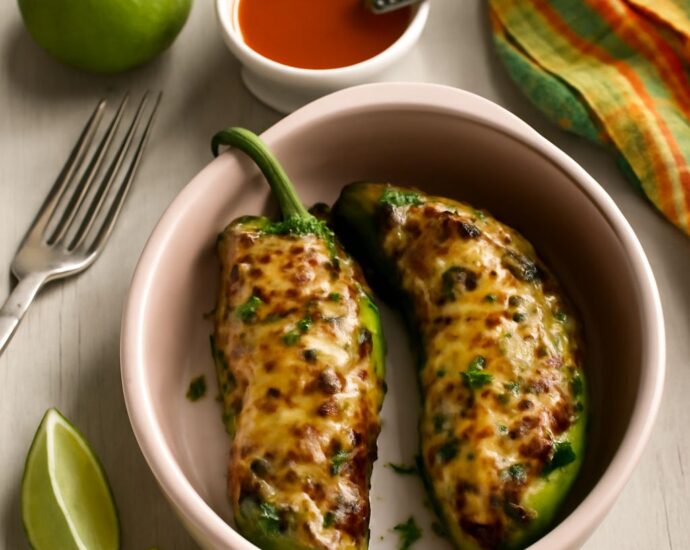 Stuffed Anaheim peppers with roasted pepper sauce