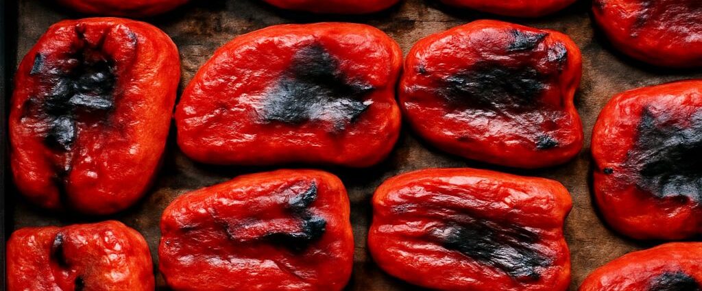 Tender browned pepper wedges on a baking sheet