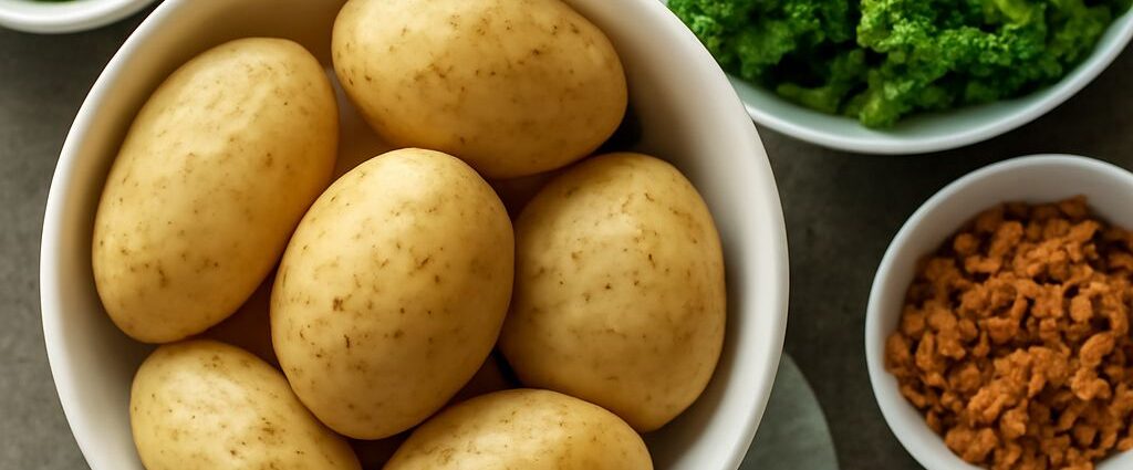 Self-serve baked potato bar with potatoes and assorted toppings