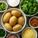 Self-serve baked potato bar with potatoes and assorted toppings