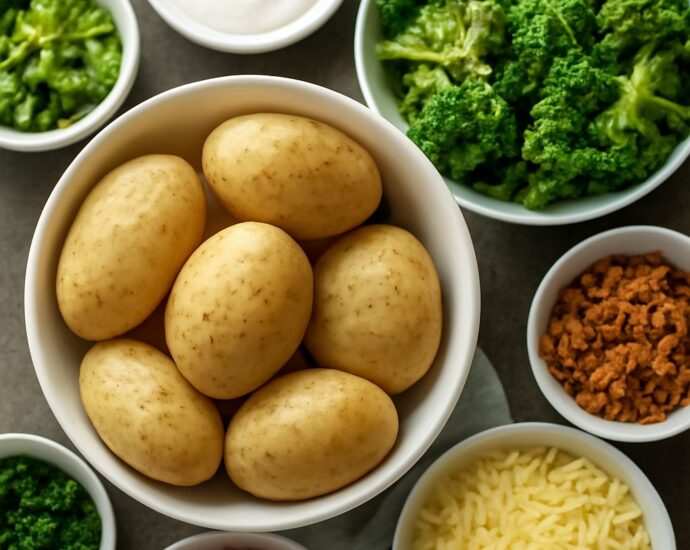 Self-serve baked potato bar with potatoes and assorted toppings