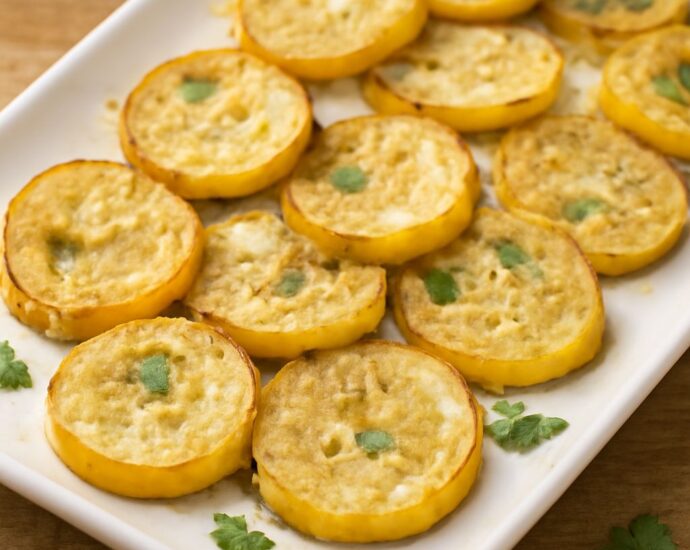 Baked yellow squash recipe in an 8-inch dish with a browned savory breadcrumb topping