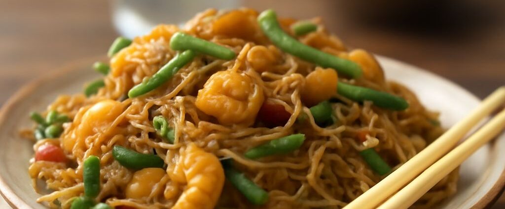 Translucent bean thread noodles tossed with vegetables and sauce