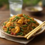 Translucent bean thread noodles tossed with vegetables and sauce