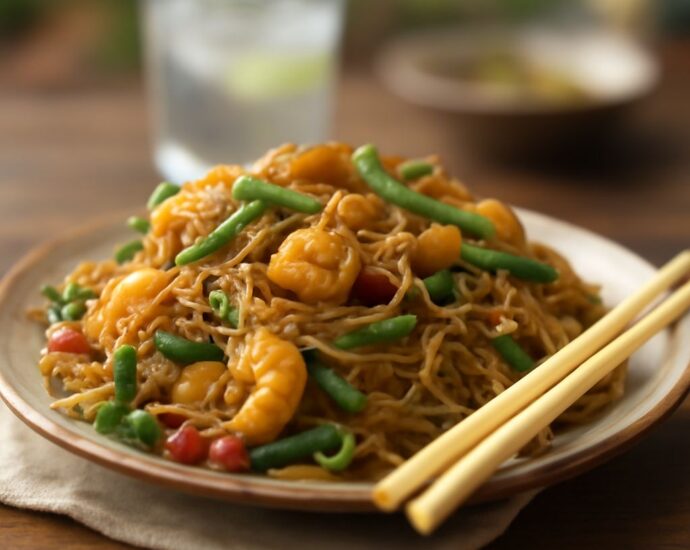 Translucent bean thread noodles tossed with vegetables and sauce