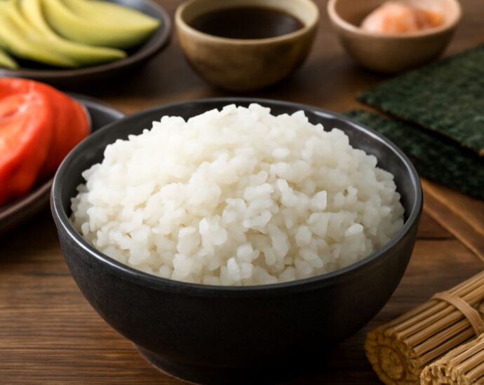 Japanese short-grain rice in a bowl for sushi