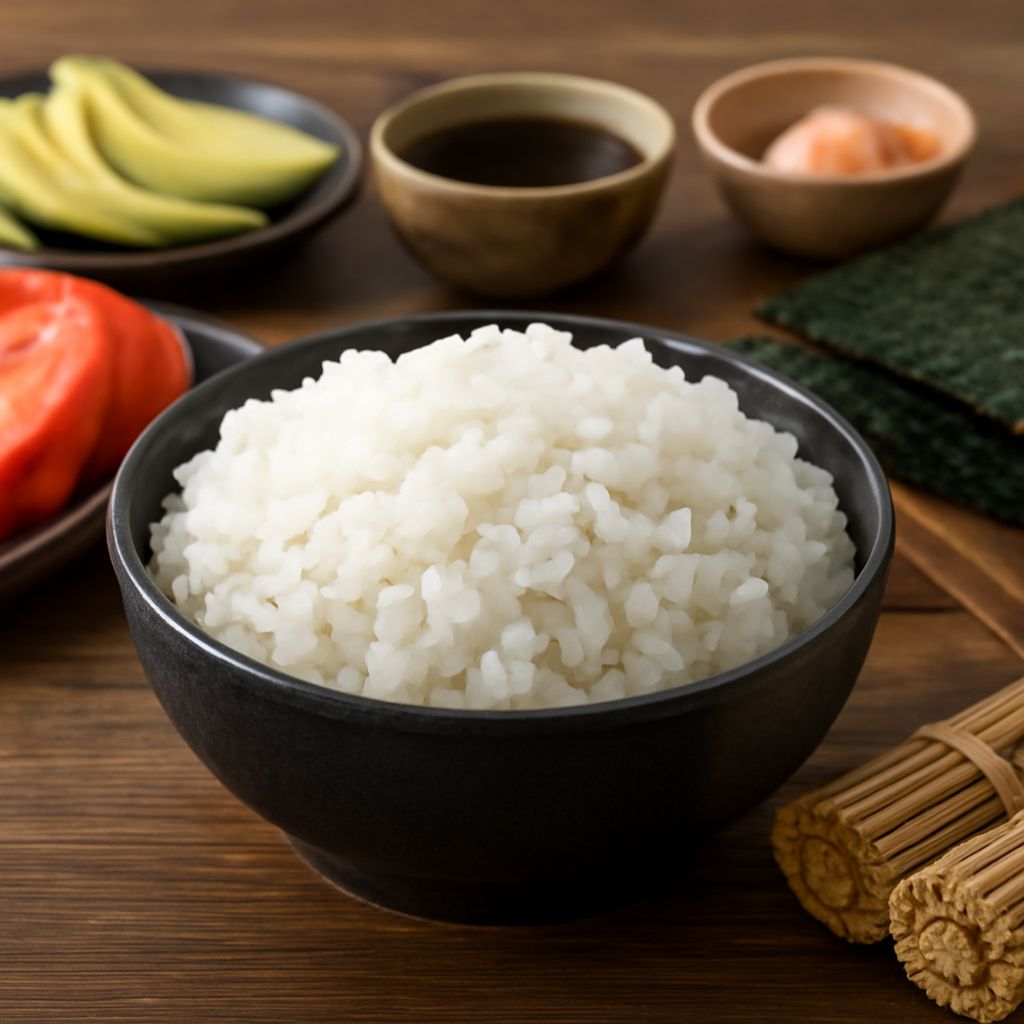 Japanese short-grain rice in a bowl for sushi