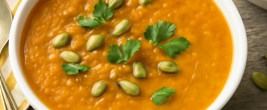 Smooth recipe for carrot soup topped with herbs in a bowl