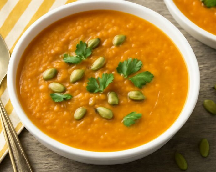 Smooth recipe for carrot soup topped with herbs in a bowl