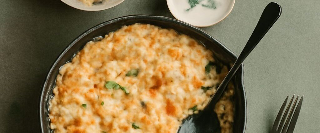 Cheesy cauliflower casserole with tender florets, creamy sauce, and a browned cheese topping