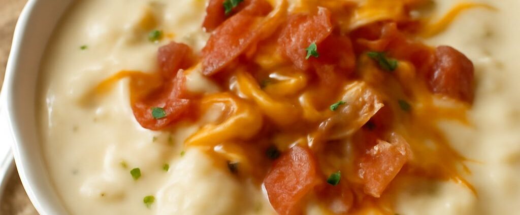 Creamy cheesy cauliflower soup in a bowl with toasted bread