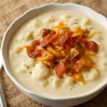 Creamy cheesy cauliflower soup in a bowl with toasted bread
