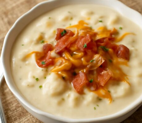 Creamy cheesy cauliflower soup in a bowl with toasted bread