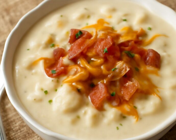 Creamy cheesy cauliflower soup in a bowl with toasted bread