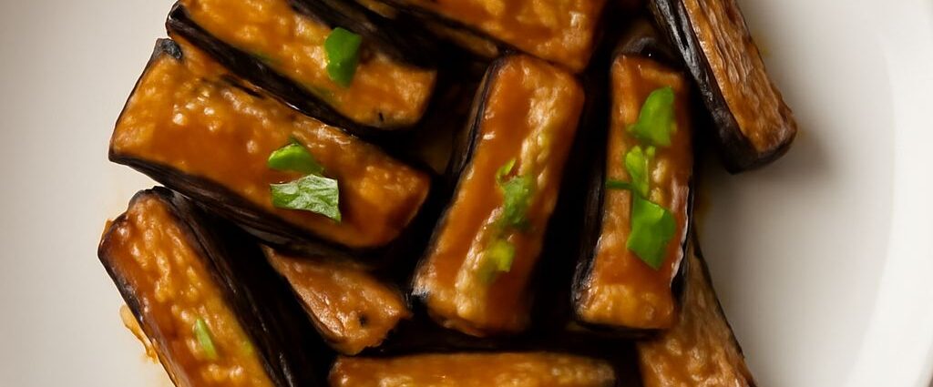 Silky Chinese eggplant pieces coated in savory sauce