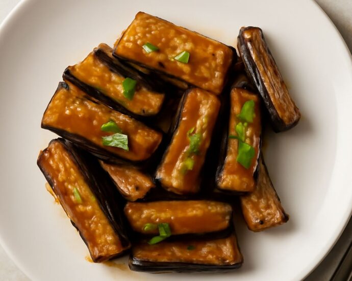 Silky Chinese eggplant pieces coated in savory sauce