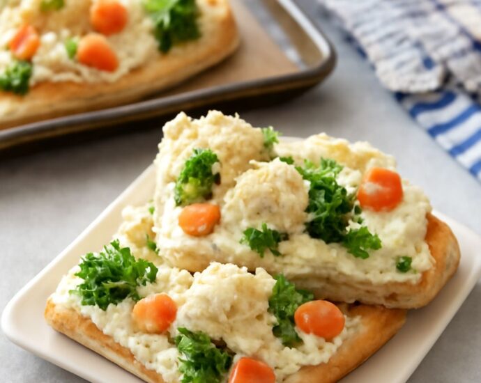 Chilled crescent-roll vegetable pizza squares topped with finely chopped broccoli, carrots, and bell pepper
