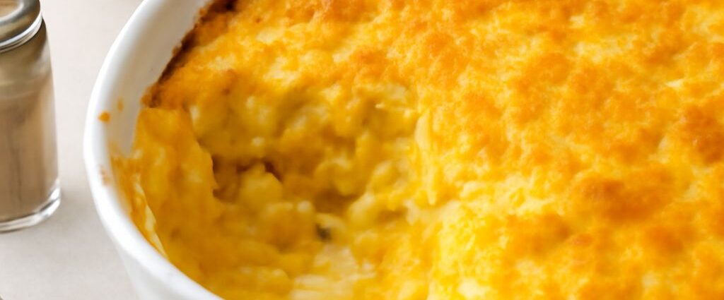 Old-fashioned corn pudding with a browned top and custardy center
