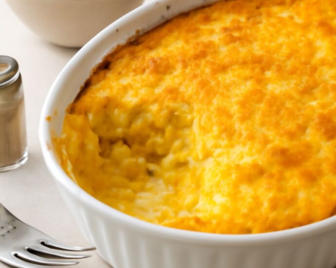 Old-fashioned corn pudding with a browned top and custardy center