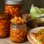 Bright corn relish with yellow corn, red peppers, and onion in a bowl
