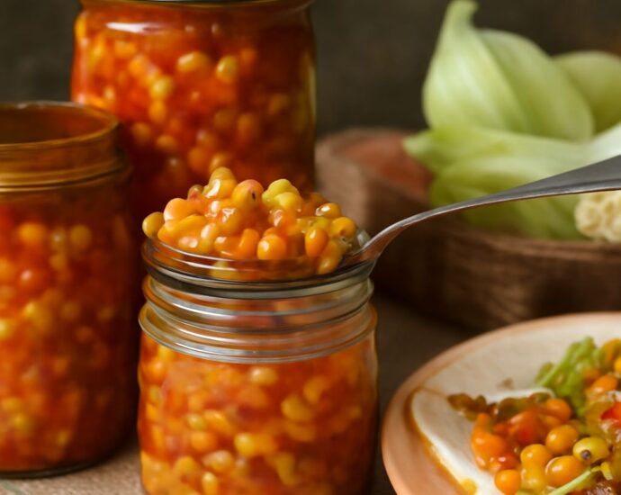 Bright corn relish with yellow corn, red peppers, and onion in a bowl