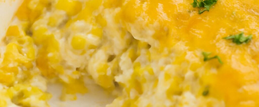 Corn cream cheese casserole with whole-kernel corn and a browned top