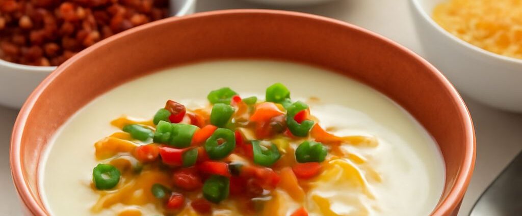Bowl of easy baked potato soup with potato pieces, cheese, scallions, and vegetarian toppings