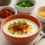 Bowl of easy baked potato soup with potato pieces, cheese, scallions, and vegetarian toppings