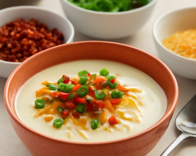 Bowl of easy baked potato soup with potato pieces, cheese, scallions, and vegetarian toppings