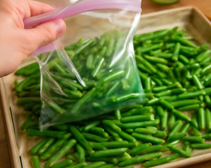 Freezing string beans after blanching beside an ice bath