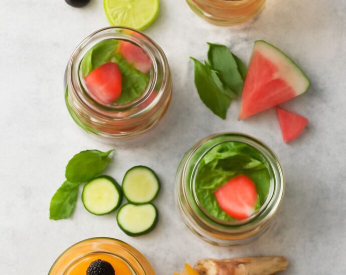 Pitcher of fruit-infused water with citrus, berries, cucumber, and herbs