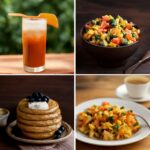 A colorful gluten-free, dairy-free breakfast with eggs, potatoes, fruit, and oats