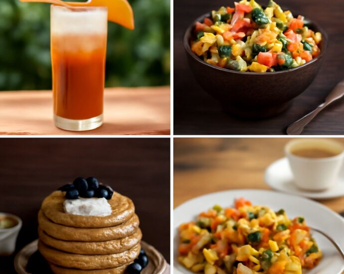 A colorful gluten-free, dairy-free breakfast with eggs, potatoes, fruit, and oats