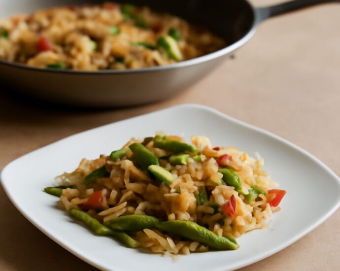 Healthy fried rice with vegetables, egg, and tofu in a bowl