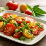 Colorful heirloom tomatoes with basil, toast, and roasted tomato slices