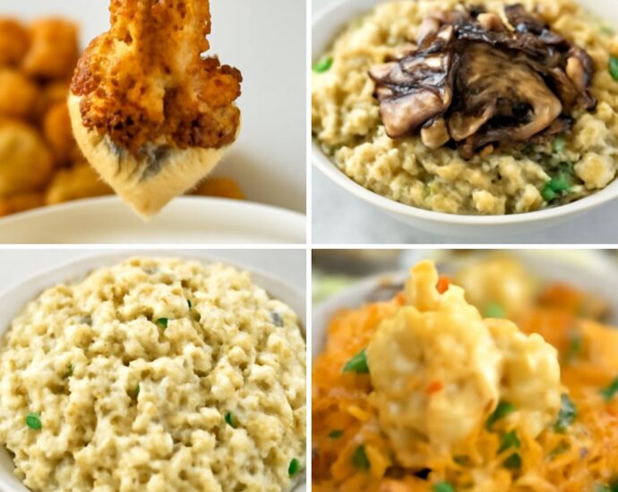Roasted cauliflower florets, cauliflower rice, creamy mash, and cauliflower steaks