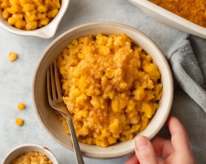 Creamy macaroni and corn casserole with tender pasta and a browned cheese top