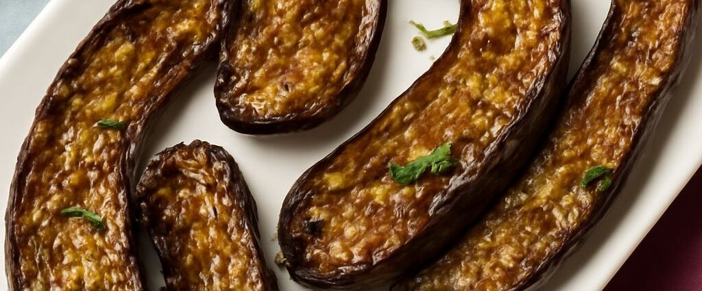 Roasted Japanese eggplant with miso glaze, tender flesh and caramelized tops
